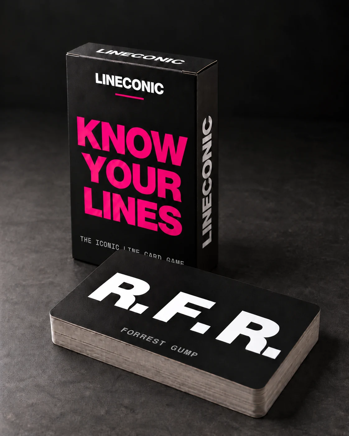 KNOW YOUR LINES box and R.F.R. card deck on charcoal stone.