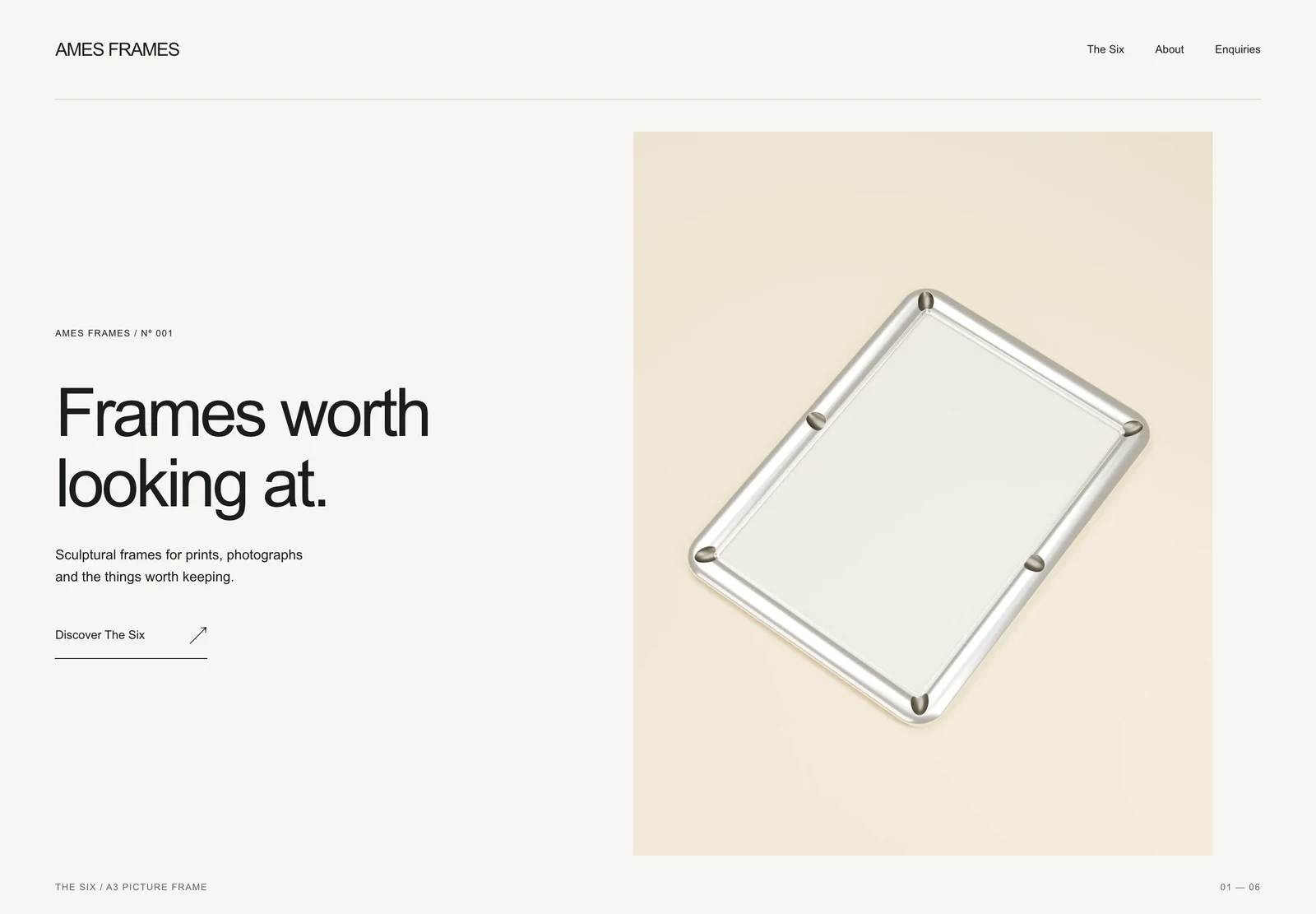 AMES Frames website preview; digital product visualisations on desktop