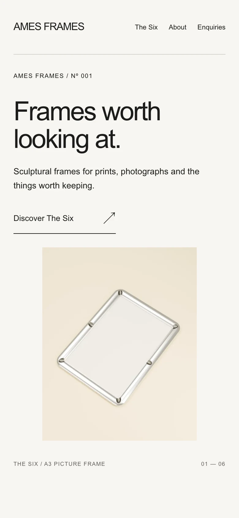 AMES Frames website preview; digital product visualisations on a phone
